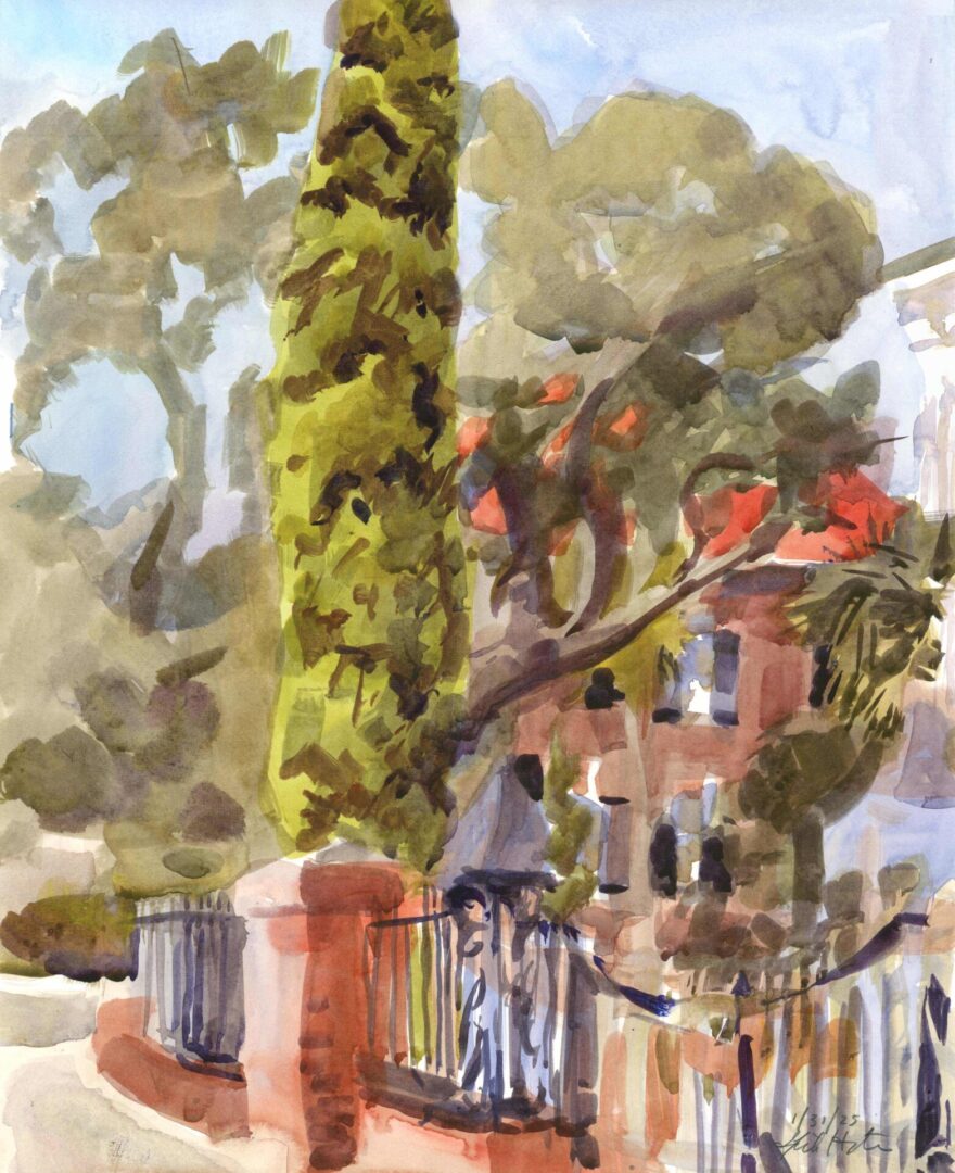 Charleston Garden with an Italian Cypress Tree_14x11 Charleston Garden with an Italian Cypress Tree_14x11